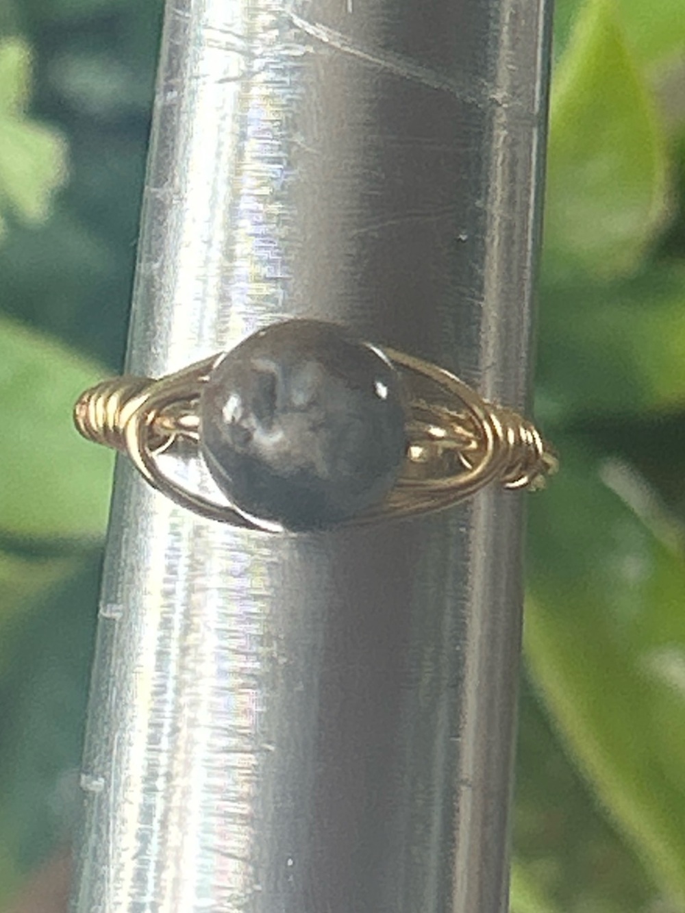 Handmade gold tone petrified wood wire wrapped crystal ring - size 7.5